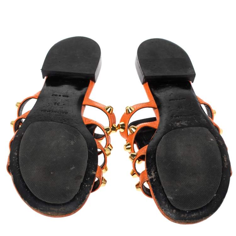 Pre Owned Balenciaga Orange Studded Leather Arena Strappy Flat Slides Size 39