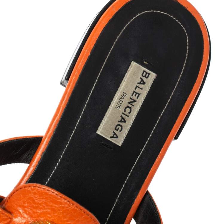 Pre Owned Balenciaga Orange Studded Leather Arena Strappy Flat Slides Size 39