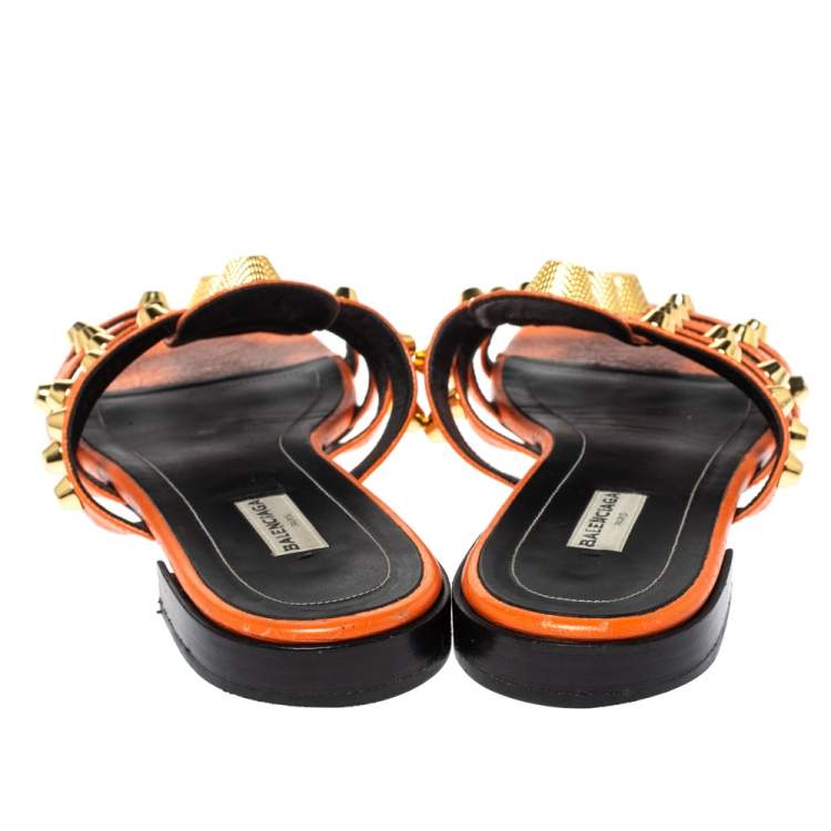 Pre Owned Balenciaga Orange Studded Leather Arena Strappy Flat Slides Size 39