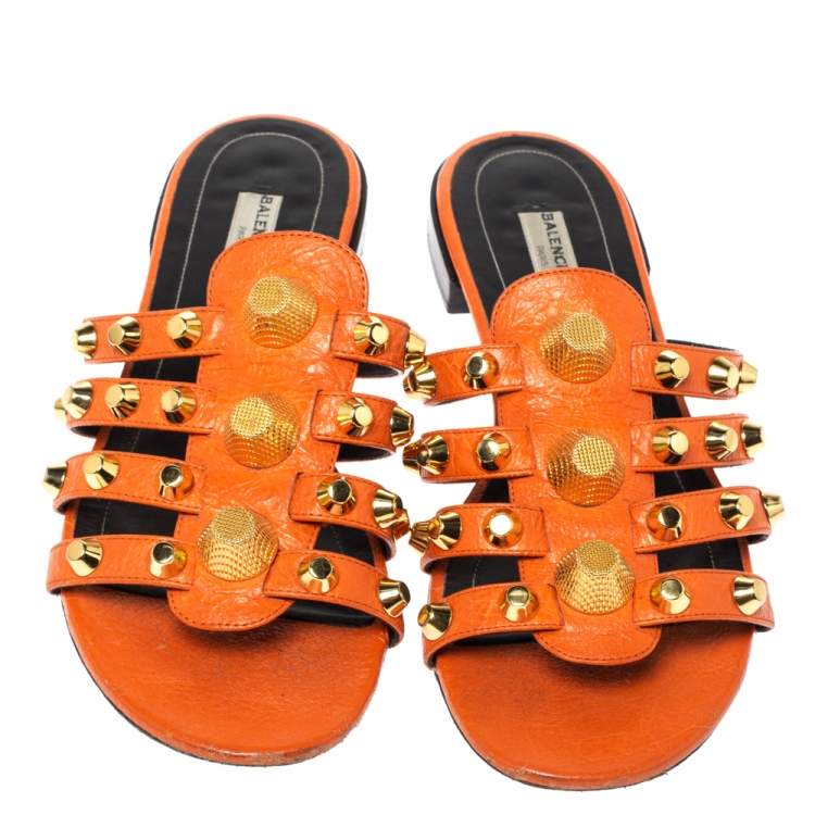 Pre Owned Balenciaga Orange Studded Leather Arena Strappy Flat Slides Size 39