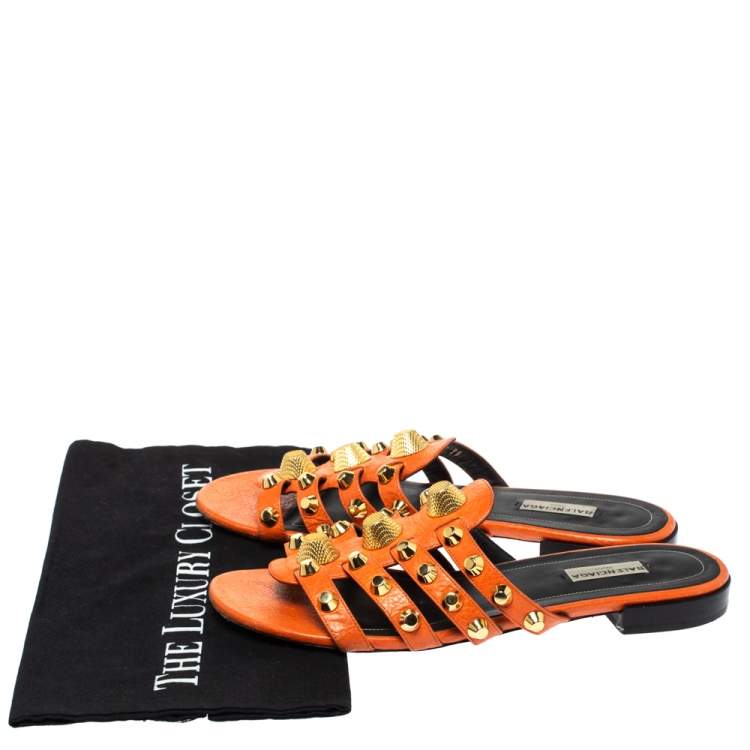 Pre Owned Balenciaga Orange Studded Leather Arena Strappy Flat Slides Size 39