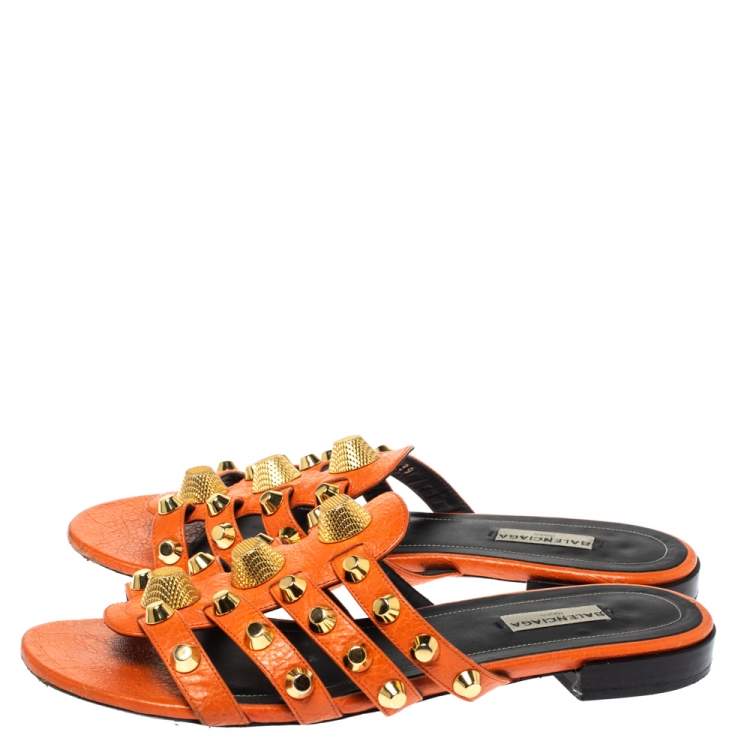 Pre Owned Balenciaga Orange Studded Leather Arena Strappy Flat Slides Size 39