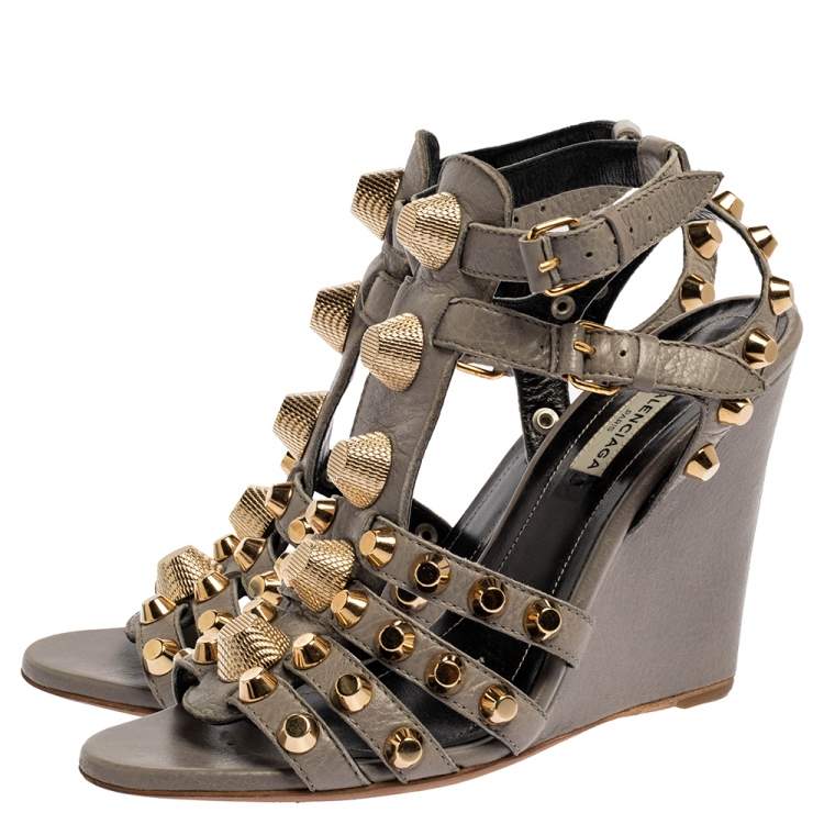 Pre Owned Balenciaga Grey Leather Arena Studded Gladiator Wedge Sandals Size 38