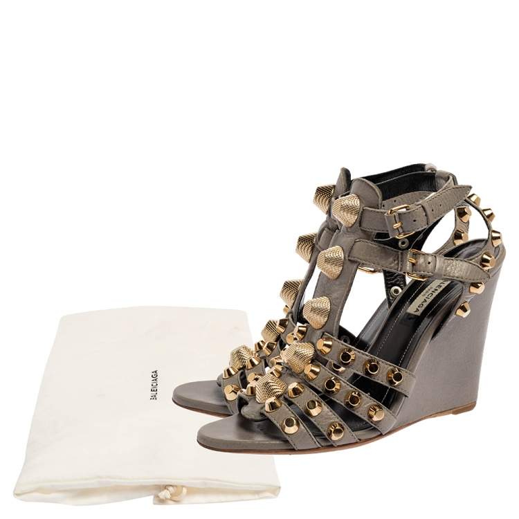 Pre Owned Balenciaga Grey Leather Arena Studded Gladiator Wedge Sandals Size 38