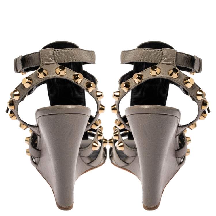 Pre Owned Balenciaga Grey Leather Arena Studded Gladiator Wedge Sandals Size 38