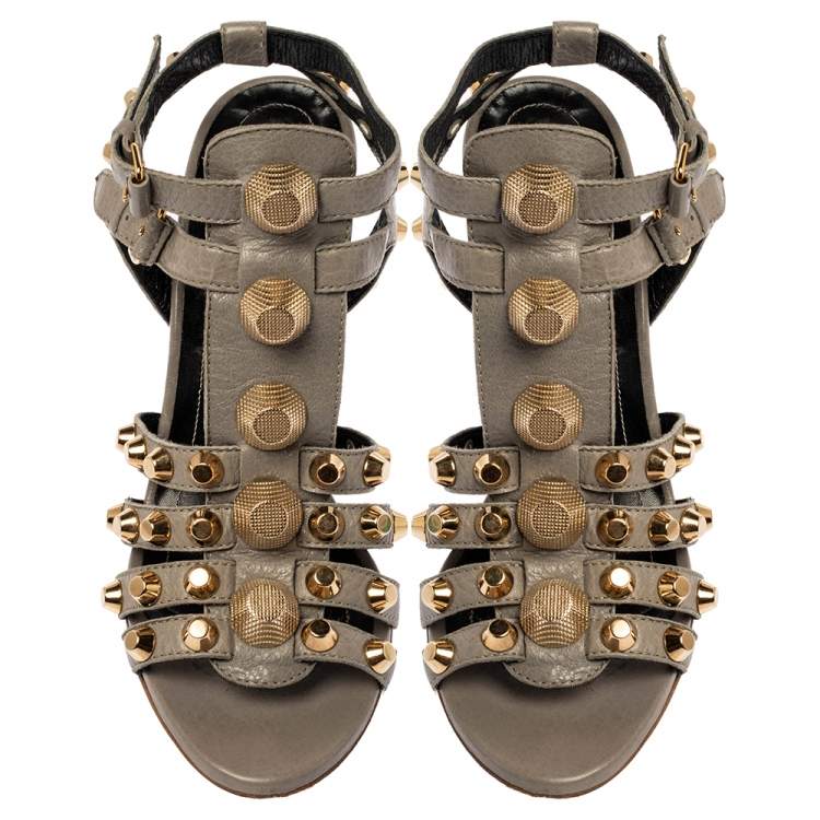 Pre Owned Balenciaga Grey Leather Arena Studded Gladiator Wedge Sandals Size 38