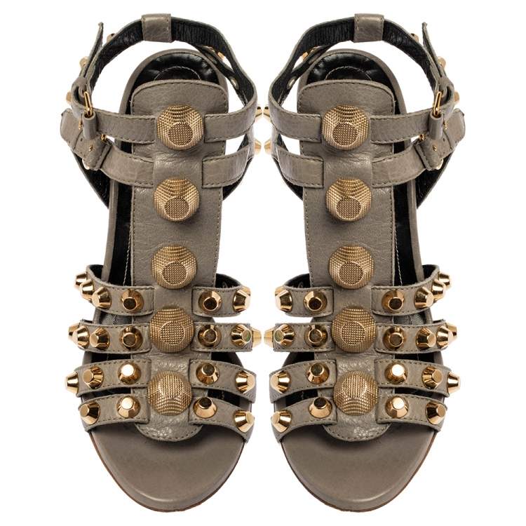 Balenciaga Grey Leather Arena Studded Gladiator Wedge Sandals Size 38 ...