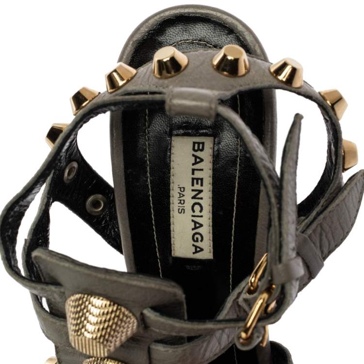 Pre Owned Balenciaga Grey Leather Arena Studded Gladiator Wedge Sandals Size 38