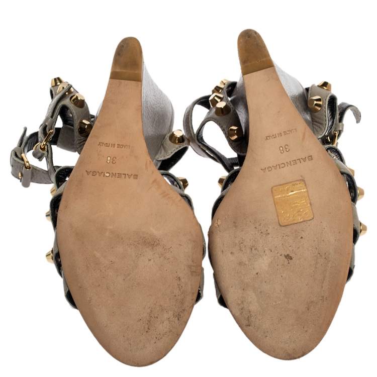 Pre Owned Balenciaga Grey Leather Arena Studded Gladiator Wedge Sandals Size 38