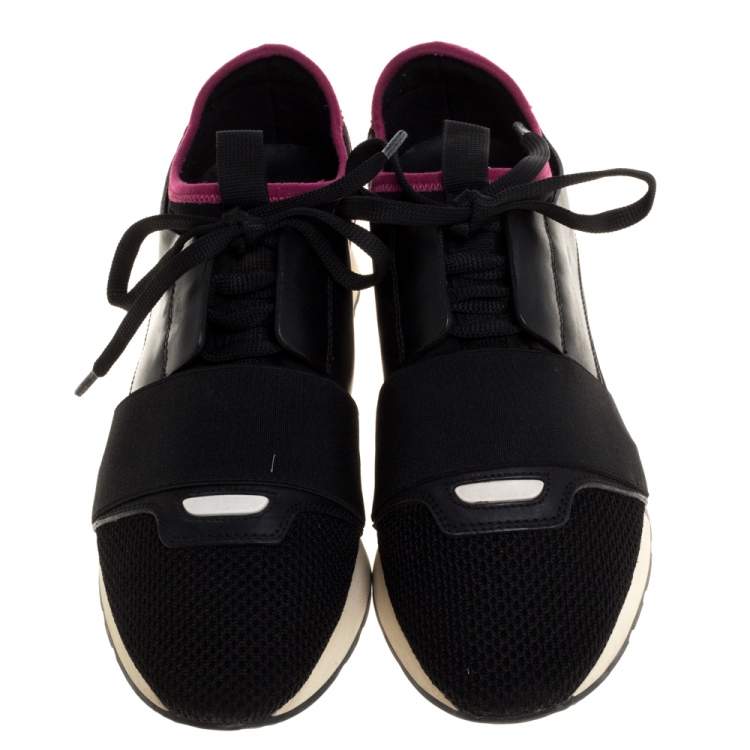 Pre Owned Balenciaga Black/Pink Leather And Mesh Race Runner Low Top Sneakers Size 37