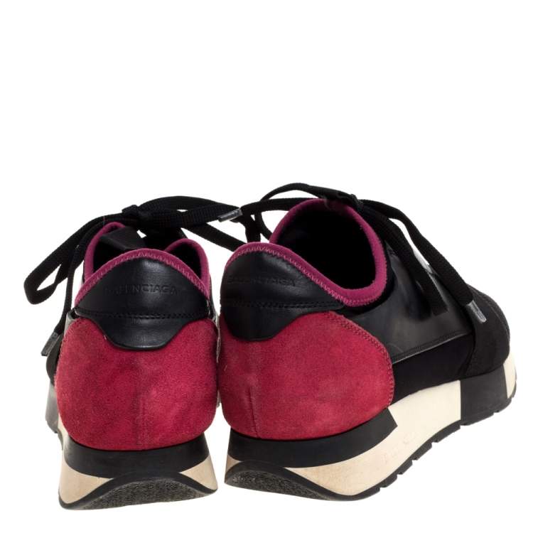 Pre Owned Balenciaga Black/Pink Leather And Mesh Race Runner Low Top Sneakers Size 37
