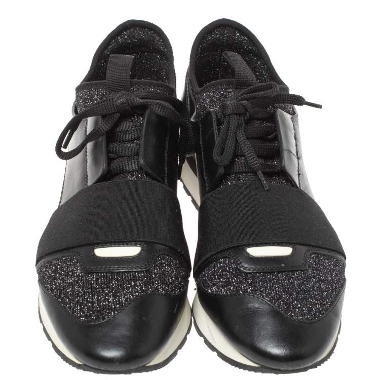 Pre Owned Balenciaga Black Shimmery Fabric and Leather Race Runners Sneakers Size 38