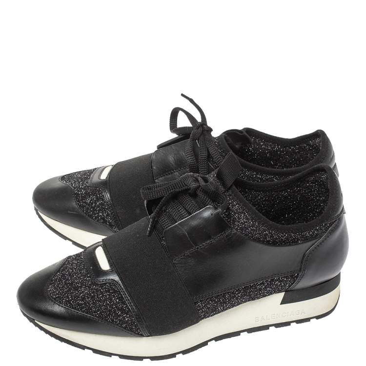 Pre Owned Balenciaga Black Shimmery Fabric and Leather Race Runners Sneakers Size 38