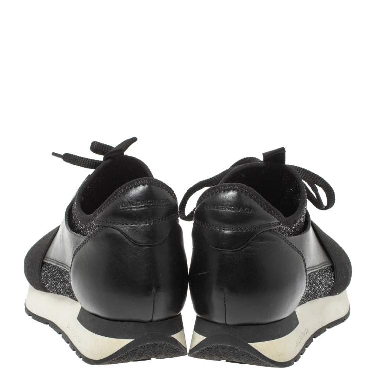 Pre Owned Balenciaga Black Shimmery Fabric and Leather Race Runners Sneakers Size 38