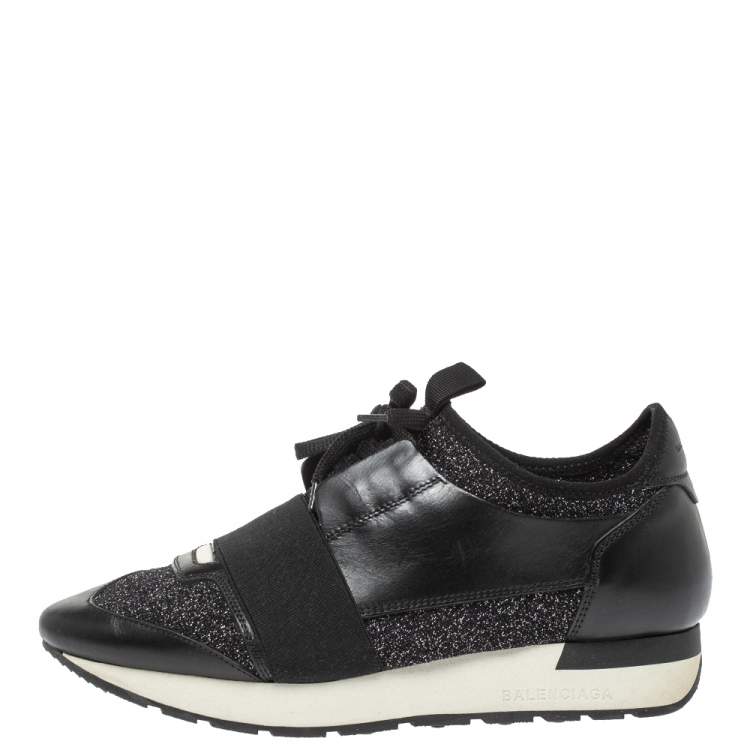 Pre Owned Balenciaga Black Shimmery Fabric and Leather Race Runners Sneakers Size 38