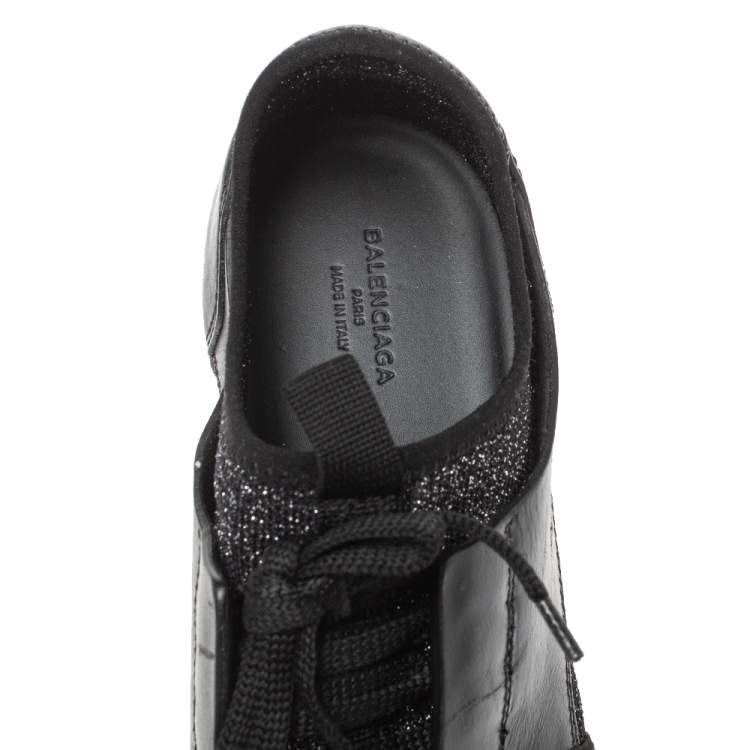 Pre Owned Balenciaga Black Shimmery Fabric and Leather Race Runners Sneakers Size 38