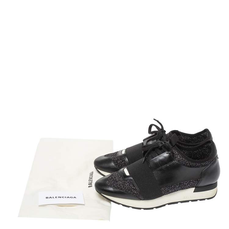 Pre Owned Balenciaga Black Shimmery Fabric and Leather Race Runners Sneakers Size 38