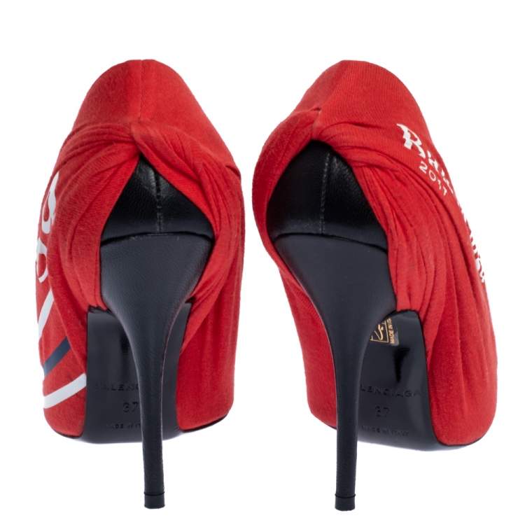 Pre Owned Balenciaga Red Fabric And Leather Knife Logo Pointed Toe Pumps Size 37