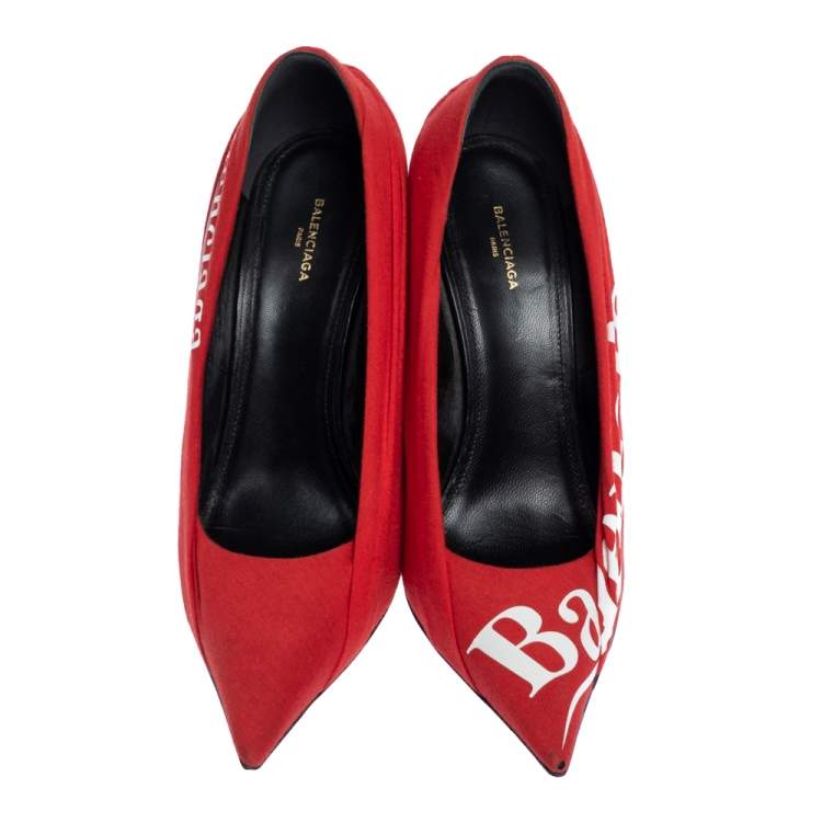 Pre Owned Balenciaga Red Fabric And Leather Knife Logo Pointed Toe Pumps Size 37