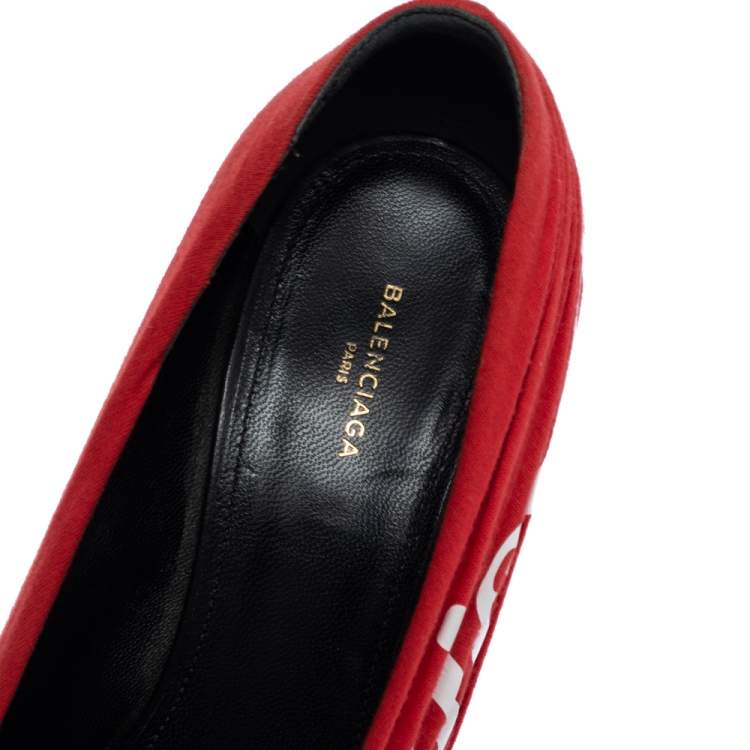 Pre Owned Balenciaga Red Fabric And Leather Knife Logo Pointed Toe Pumps Size 37