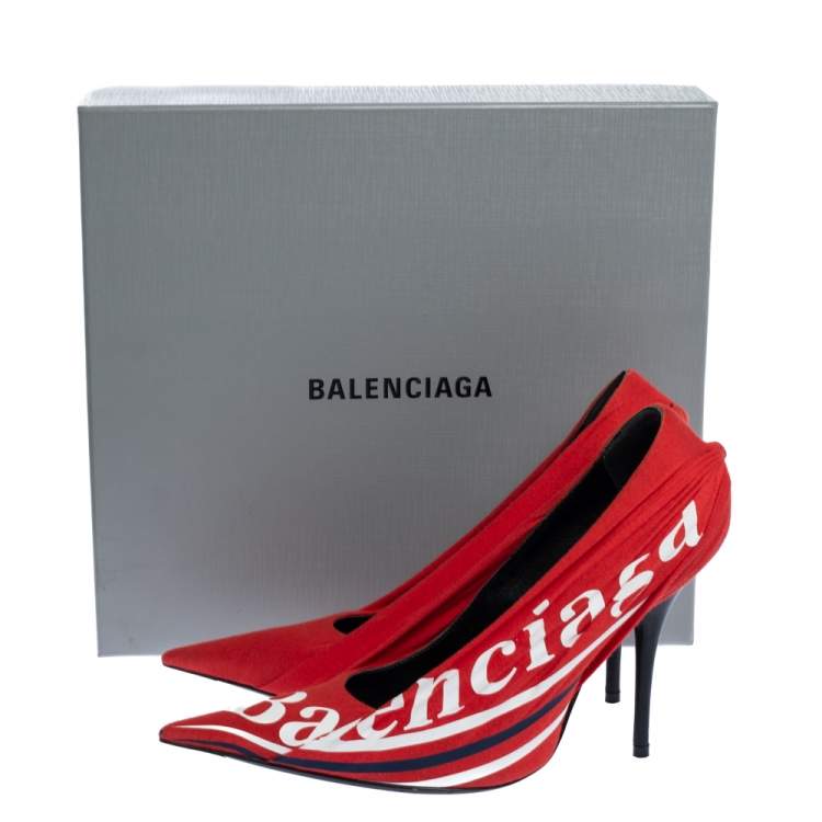 Pre Owned Balenciaga Red Fabric And Leather Knife Logo Pointed Toe Pumps Size 37