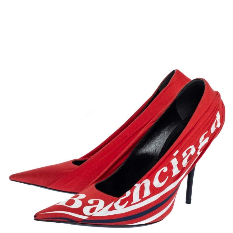 Pre Owned Balenciaga Red Fabric And Leather Knife Logo Pointed Toe Pumps Size 37