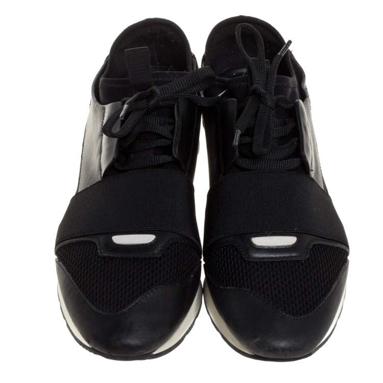 Pre Owned Balenciaga Black Leather, Suede and Mesh Race Runner Sneakers Size 38