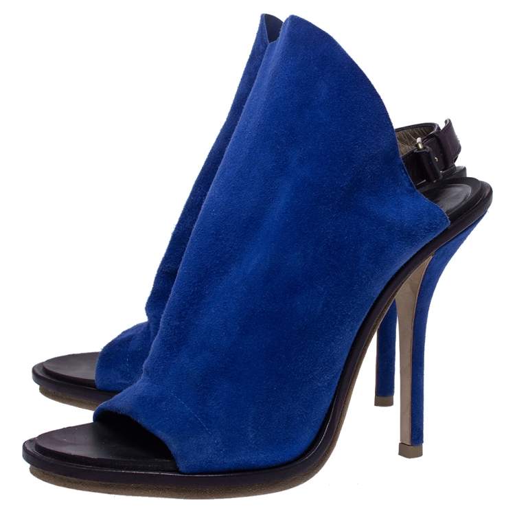 Pre Owned Balenciaga Blue Suede And Black Leather Glove Open Toe Slingback Sandals Size 37.5