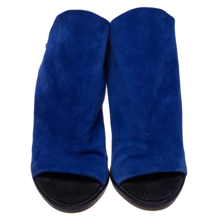 Pre Owned Balenciaga Blue Suede And Black Leather Glove Open Toe Slingback Sandals Size 37.5