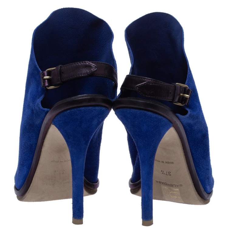 Pre Owned Balenciaga Blue Suede And Black Leather Glove Open Toe Slingback Sandals Size 37.5