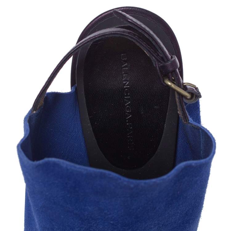 Pre Owned Balenciaga Blue Suede And Black Leather Glove Open Toe Slingback Sandals Size 37.5