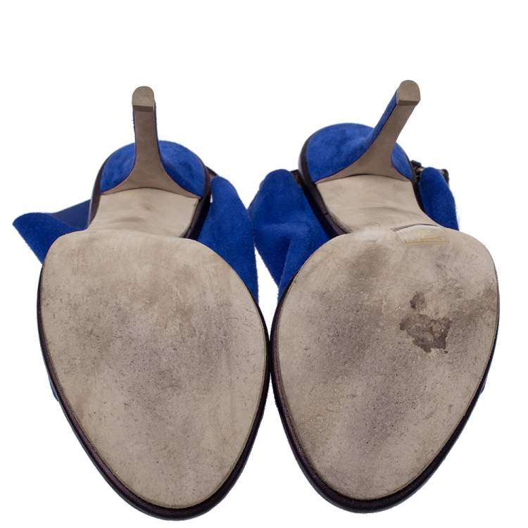 Pre Owned Balenciaga Blue Suede And Black Leather Glove Open Toe Slingback Sandals Size 37.5