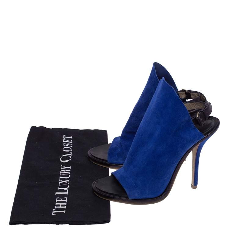Pre Owned Balenciaga Blue Suede And Black Leather Glove Open Toe Slingback Sandals Size 37.5