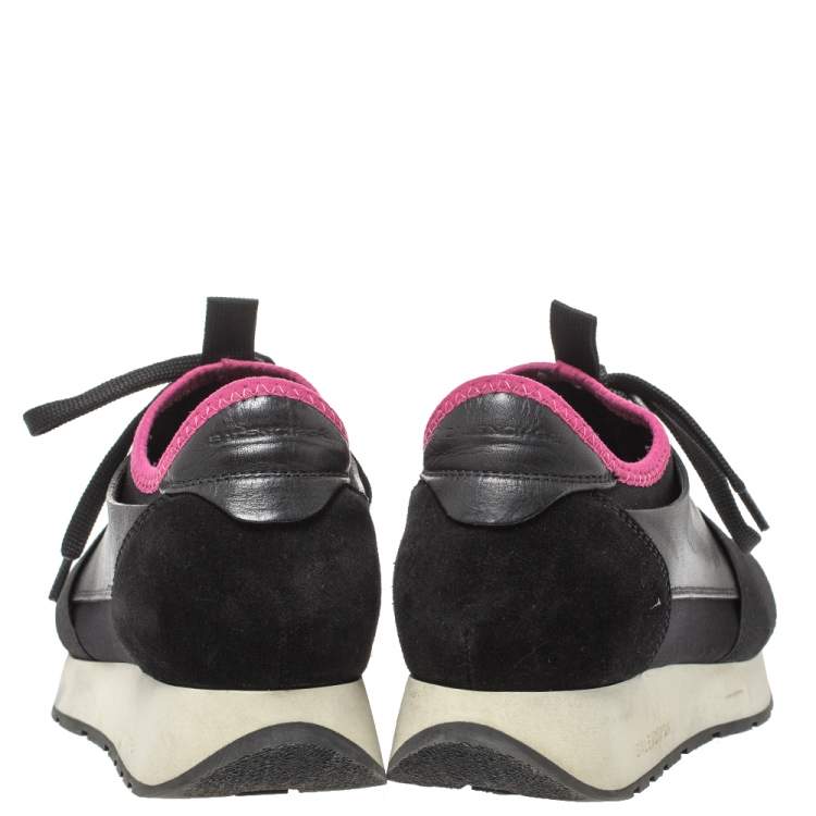 Pre Owned Balenciaga Black Mesh And Leather Race Runner Low Top Sneakers Size 36