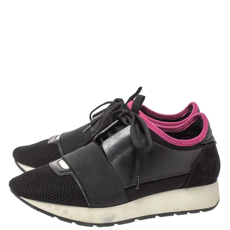 Pre Owned Balenciaga Black Mesh And Leather Race Runner Low Top Sneakers Size 36