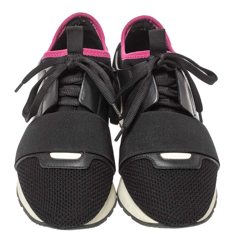 Pre Owned Balenciaga Black Mesh And Leather Race Runner Low Top Sneakers Size 36