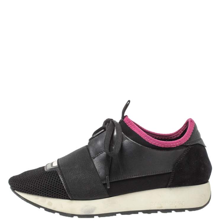 Pre Owned Balenciaga Black Mesh And Leather Race Runner Low Top Sneakers Size 36