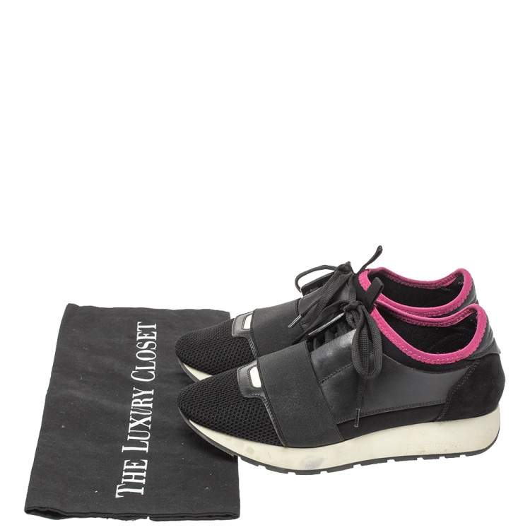 Pre Owned Balenciaga Black Mesh And Leather Race Runner Low Top Sneakers Size 36