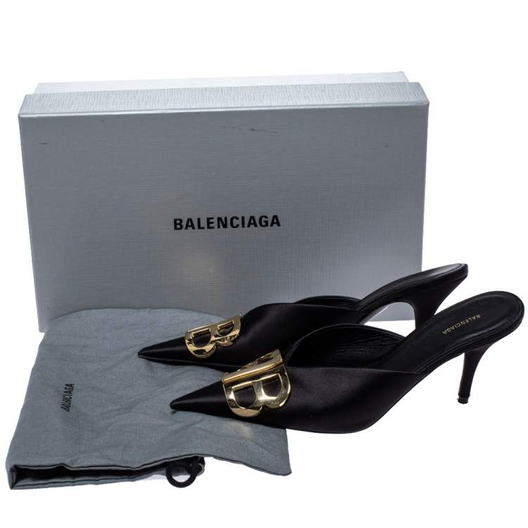 Pre Owned Balenciaga Black Satin BB Logo Pointed Toe Mules Size 37