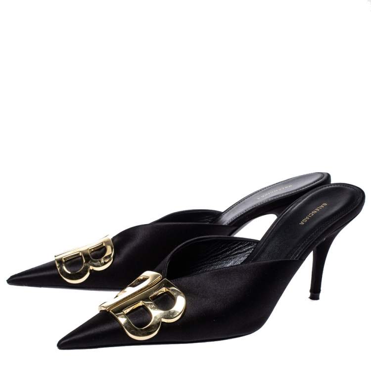 Pre Owned Balenciaga Black Satin BB Logo Pointed Toe Mules Size 37