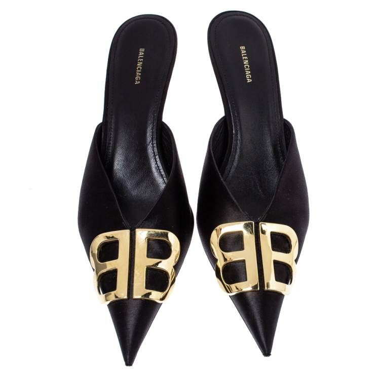 Pre Owned Balenciaga Black Satin BB Logo Pointed Toe Mules Size 37