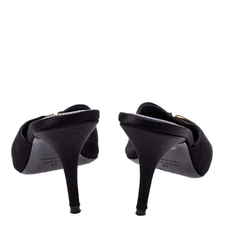 Pre Owned Balenciaga Black Satin BB Logo Pointed Toe Mules Size 37