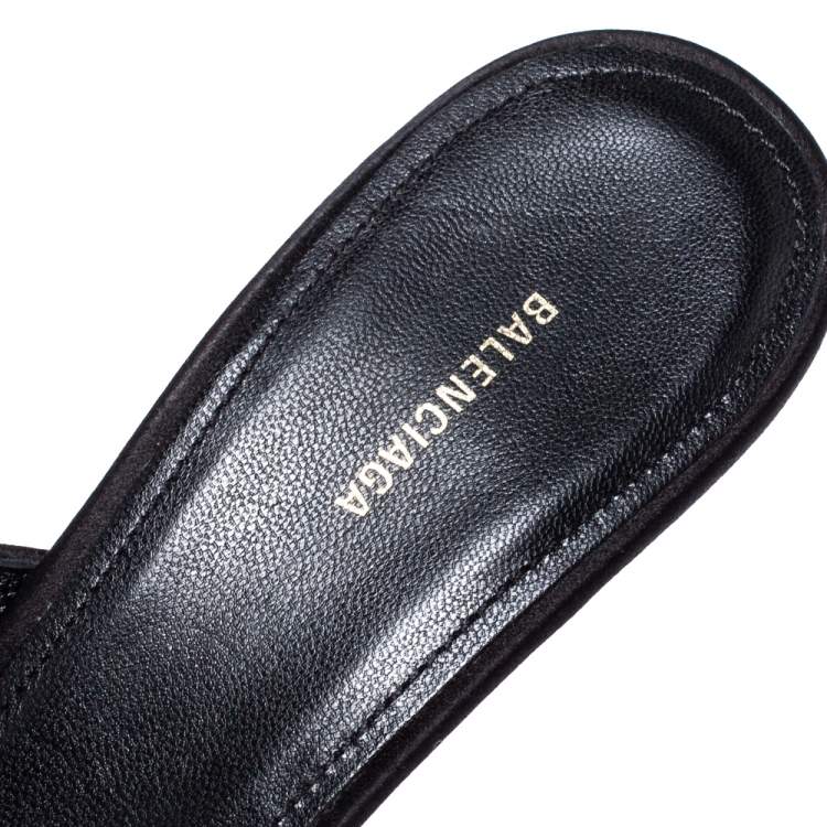 Pre Owned Balenciaga Black Satin BB Logo Pointed Toe Mules Size 37