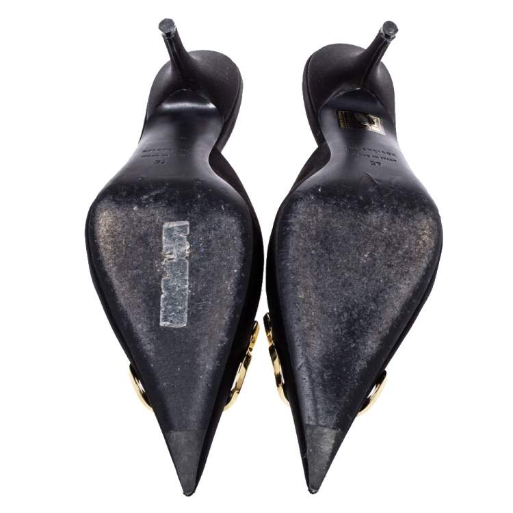 Pre Owned Balenciaga Black Satin BB Logo Pointed Toe Mules Size 37