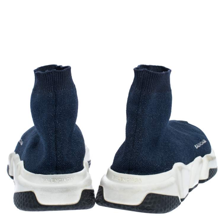 Pre Owned Balenciaga Shimmery Navy Blue Knit Fabric Speed Trainer Sneakers Size 40