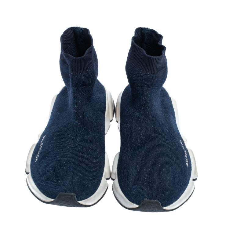 Pre Owned Balenciaga Shimmery Navy Blue Knit Fabric Speed Trainer Sneakers Size 40