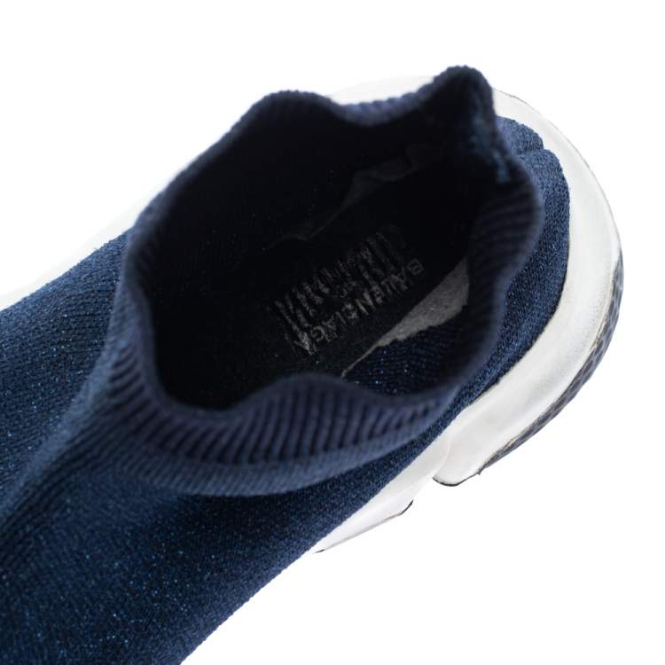 Pre Owned Balenciaga Shimmery Navy Blue Knit Fabric Speed Trainer Sneakers Size 40
