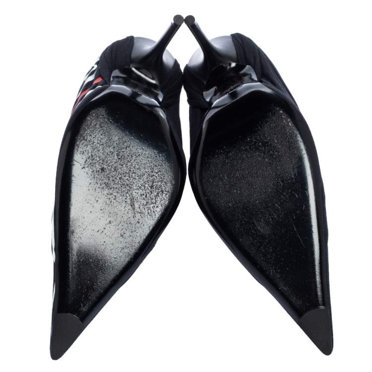 Pre Owned Balenciaga Black Logo Printed Draped Jersey And Leather Knife Pointed Toe Pumps Size 41