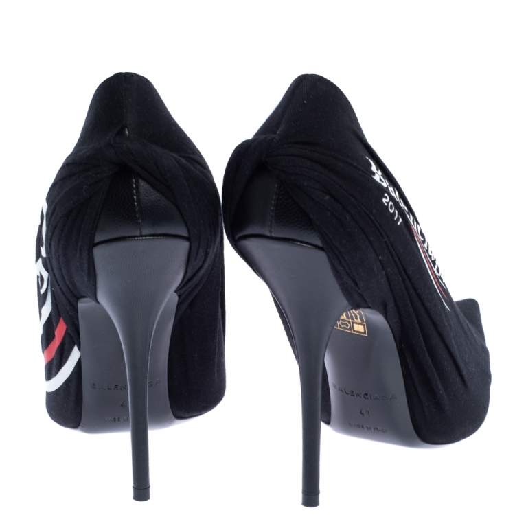 Pre Owned Balenciaga Black Logo Printed Draped Jersey And Leather Knife Pointed Toe Pumps Size 41