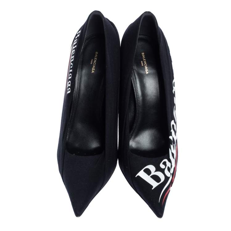 Pre Owned Balenciaga Black Logo Printed Draped Jersey And Leather Knife Pointed Toe Pumps Size 41